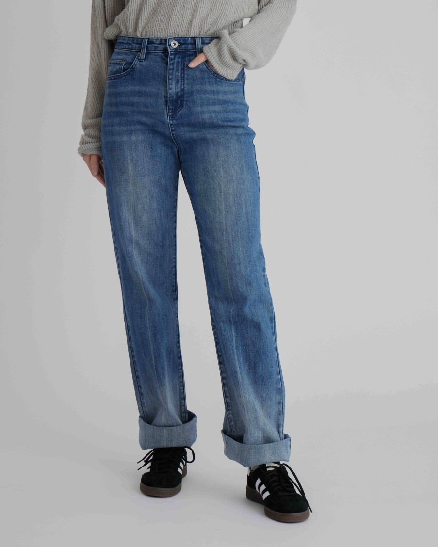 Pants INTIQUE | Cuffed Straight-Leg Denim Jeans Blu