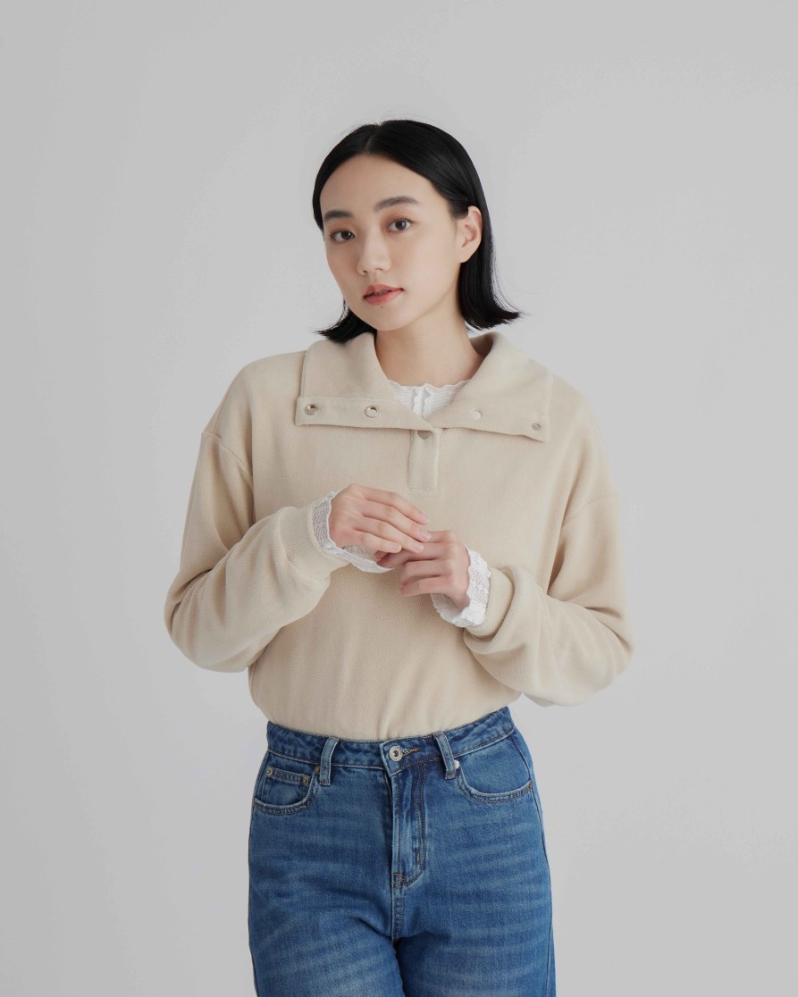 Tops INTIQUE | Wide Collar Botton-Up Sweatshirt Nvy