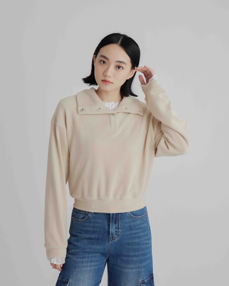 Tops INTIQUE | Wide Collar Botton-Up Sweatshirt Nvy