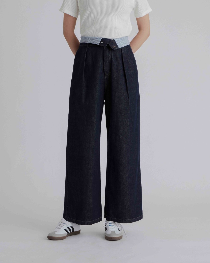 Pants INTIQUE | Folded Waistband Unwashed Denim Jeans Nvy