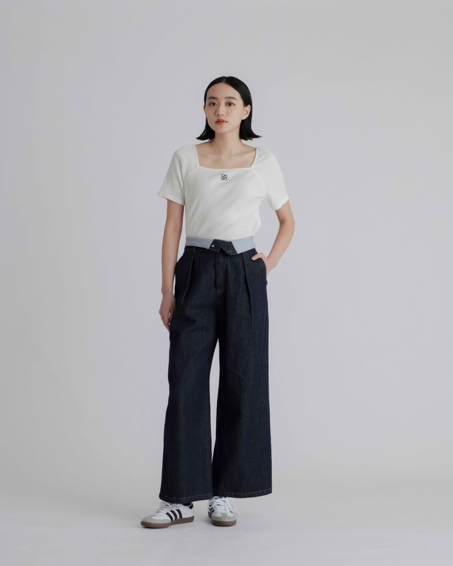 Pants INTIQUE | Folded Waistband Unwashed Denim Jeans Nvy