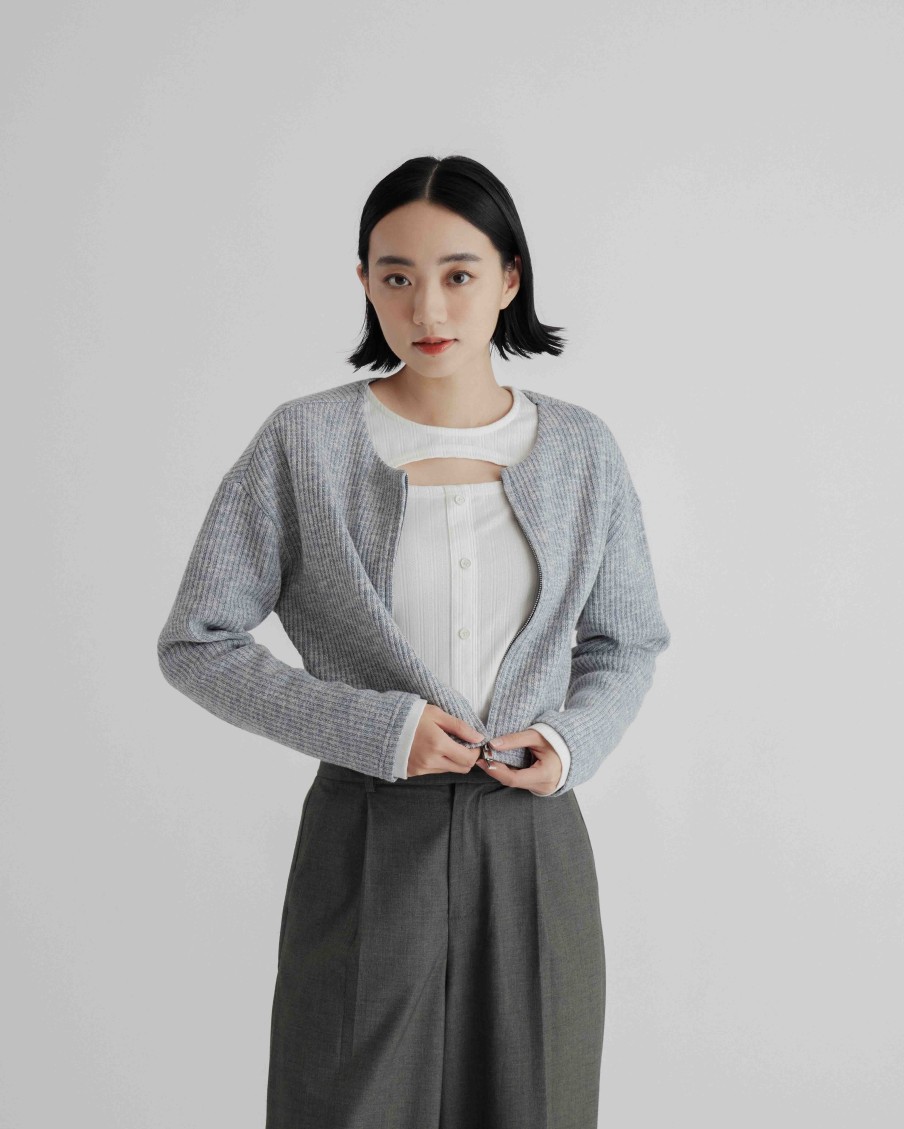 Outers INTIQUE | Zipped Round Neck Cardigan Wht