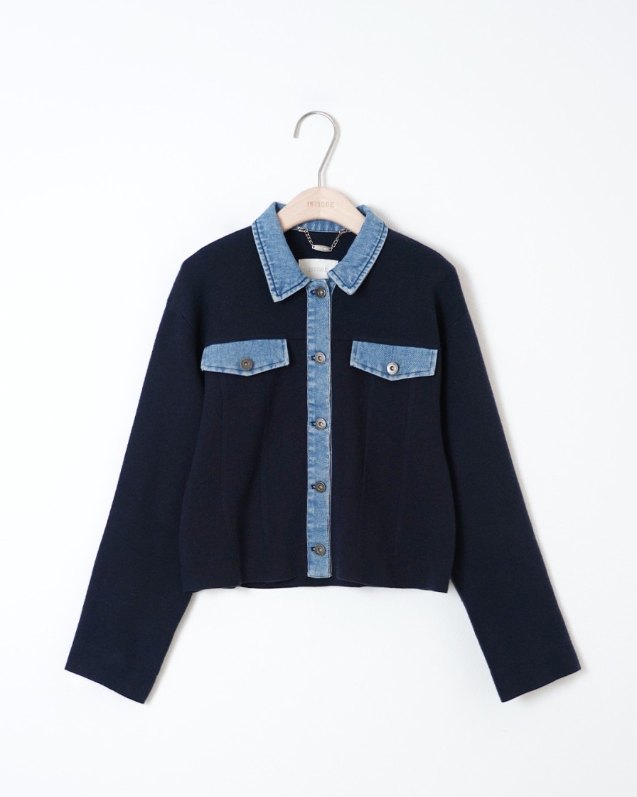 Outers INTIQUE | Denim Patch Knitted Jacket