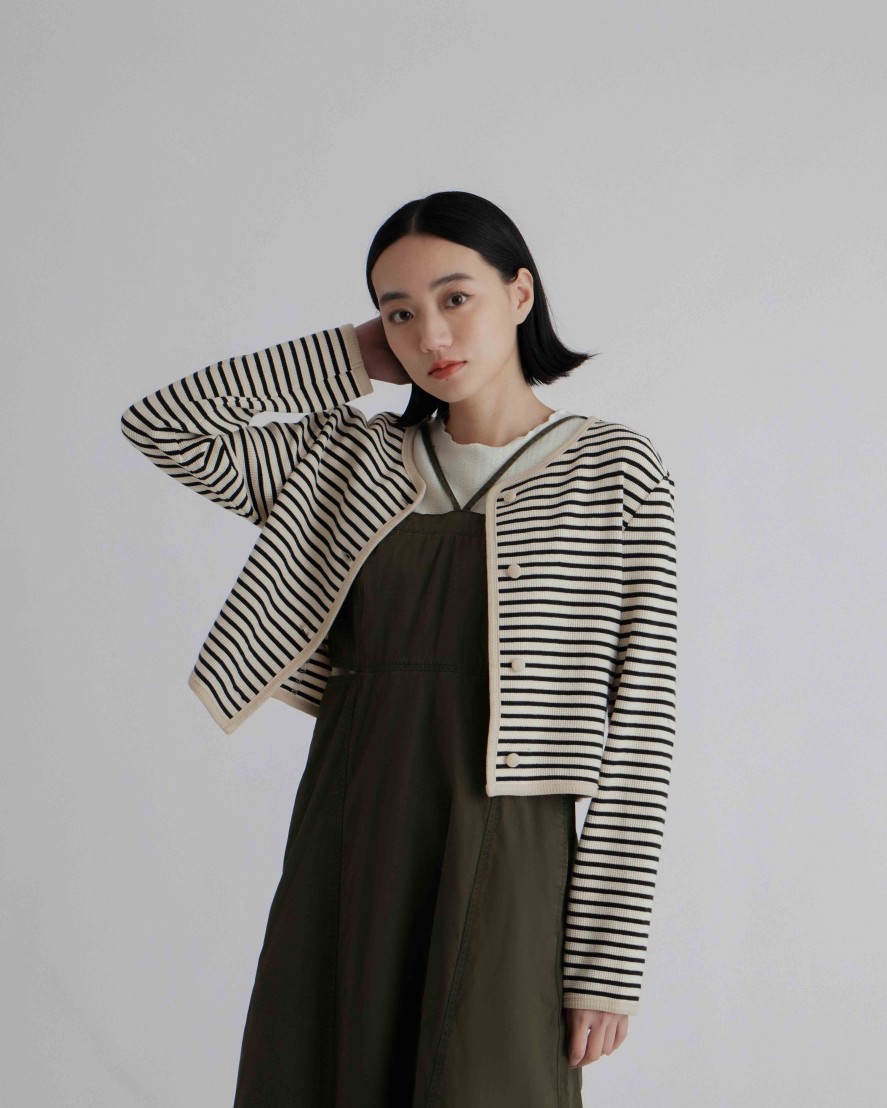 Outers INTIQUE | Stripe Round Neck Cardigan